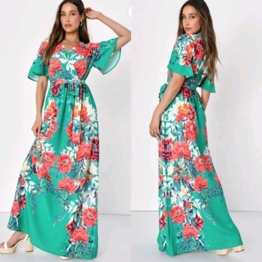 Lulus Still In Paradise Green Floral Print Maxi Dress Elastic Waist Size Large